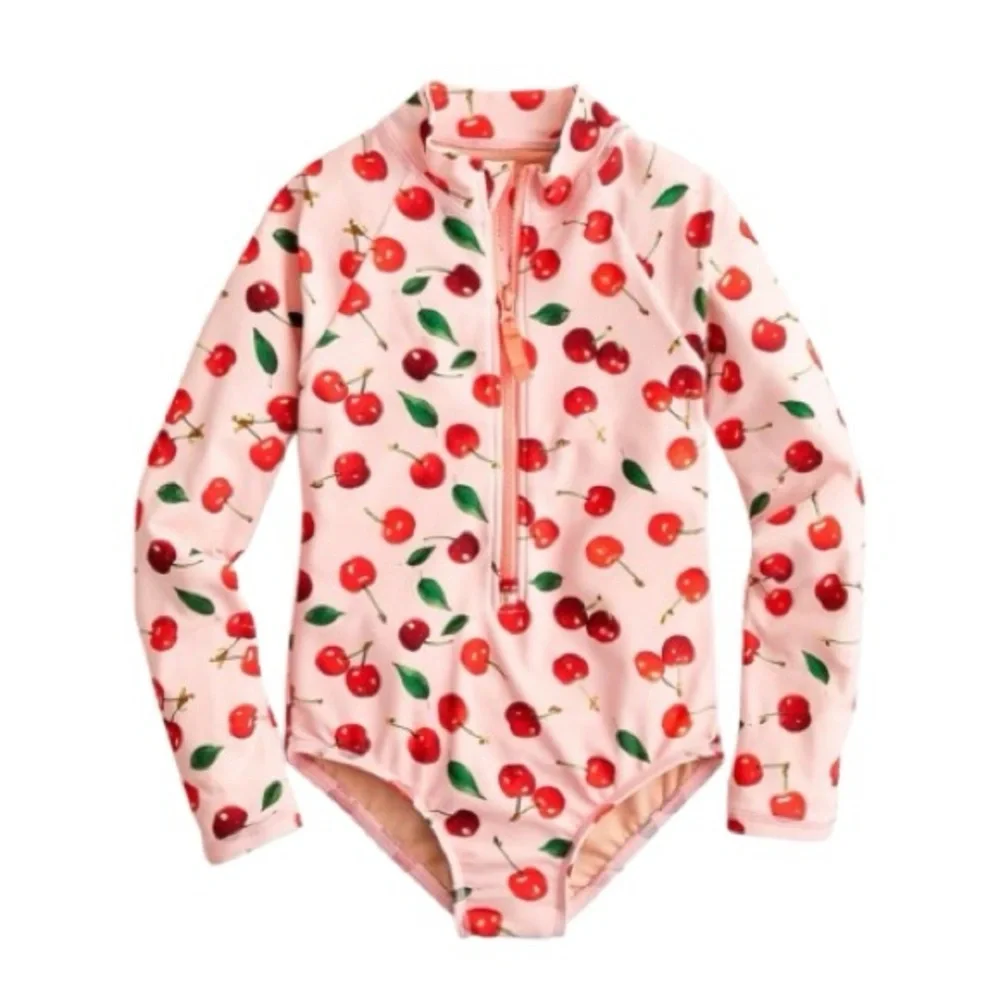 Crewcuts by J. Crew Pink & Red Long Sleeve Cherry Print Rashguard Swimsuit 12